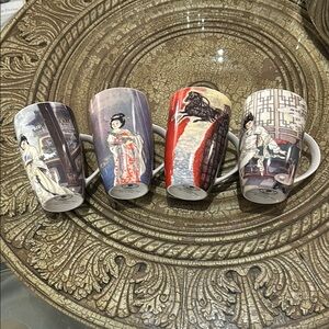 Elegant Asian Art Ceramic Mugs Set